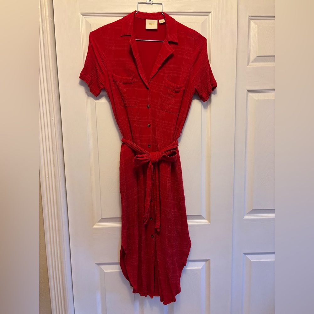 Maeve Womens Aria Midi Shirt Dress Red M Belted Gauze Textured Button Front